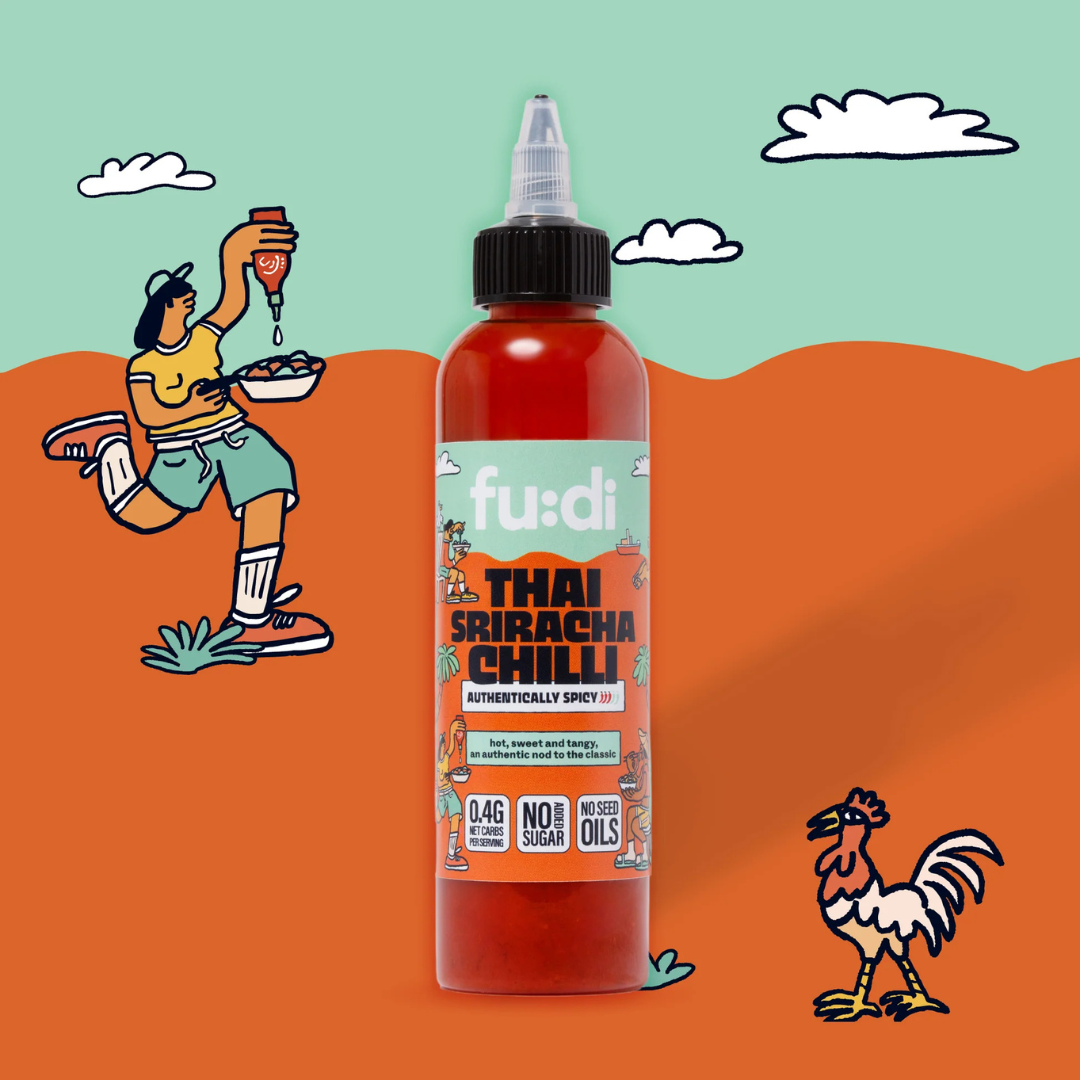 Thai Sriracha chilli sauce bottle centered on a mint-and-orange illustrated background, with playful line drawings of a person adding sauce to food, clouds, and a rooster.